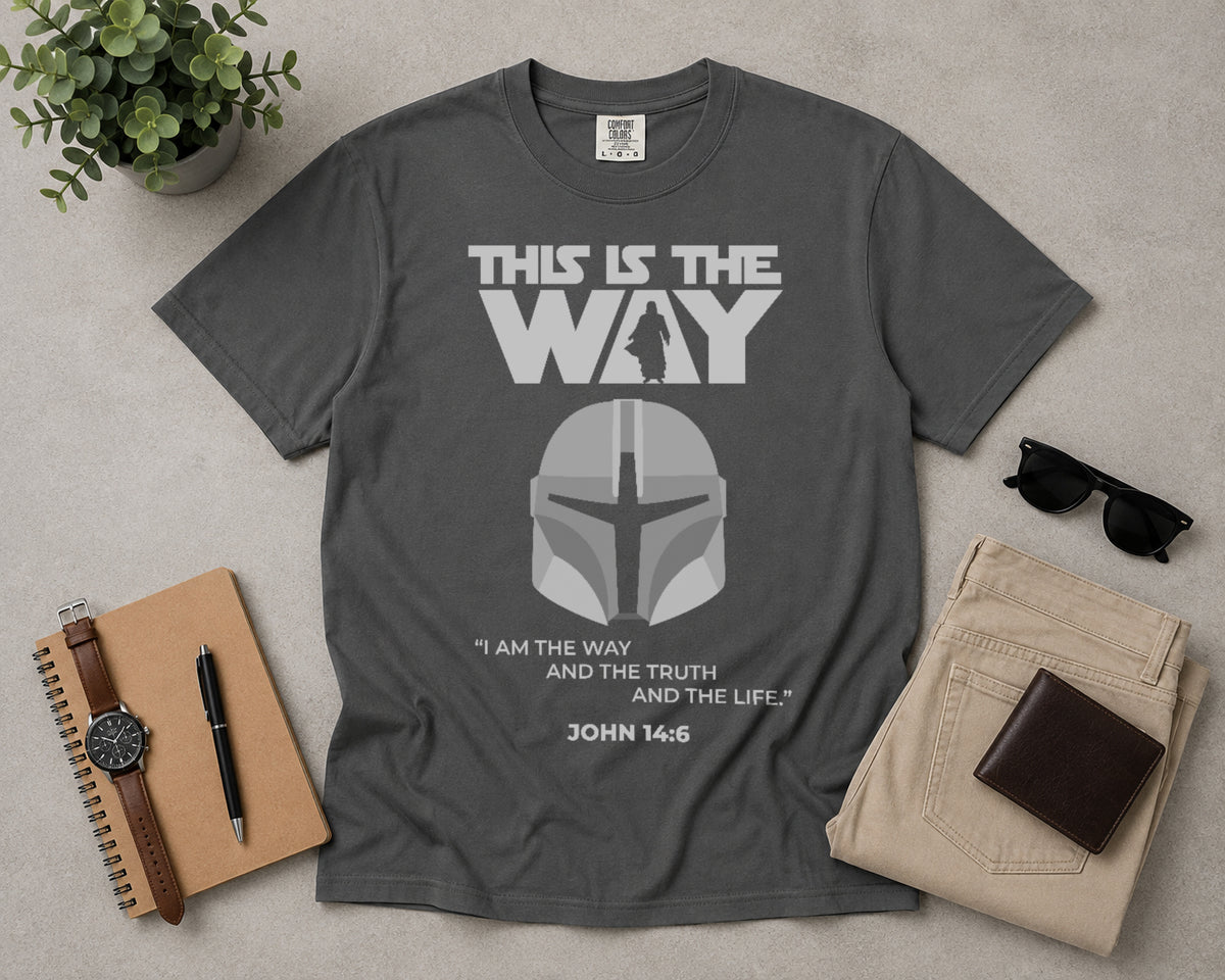Pepper gray This Is the Way Christian graphic T-shirt with Mandalorian-inspired helmet and John 14:6 design shown in a flat lay