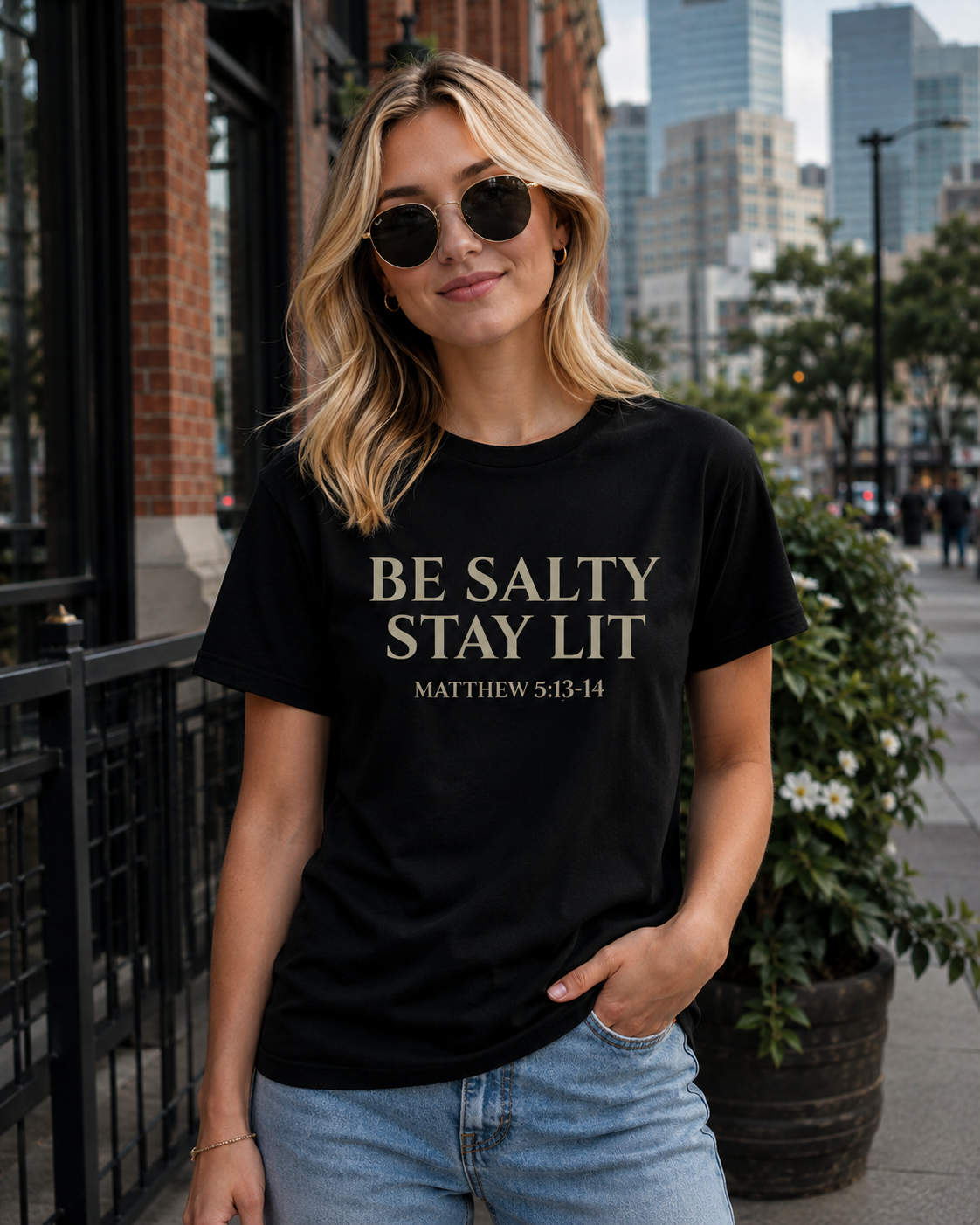 Young blonde woman wearing a black Christian “Be Salty Stay Lit Matthew 5:13-14” t-shirt while standing on a modern city sidewalk in a casual streetwear outfit with an urban backdrop