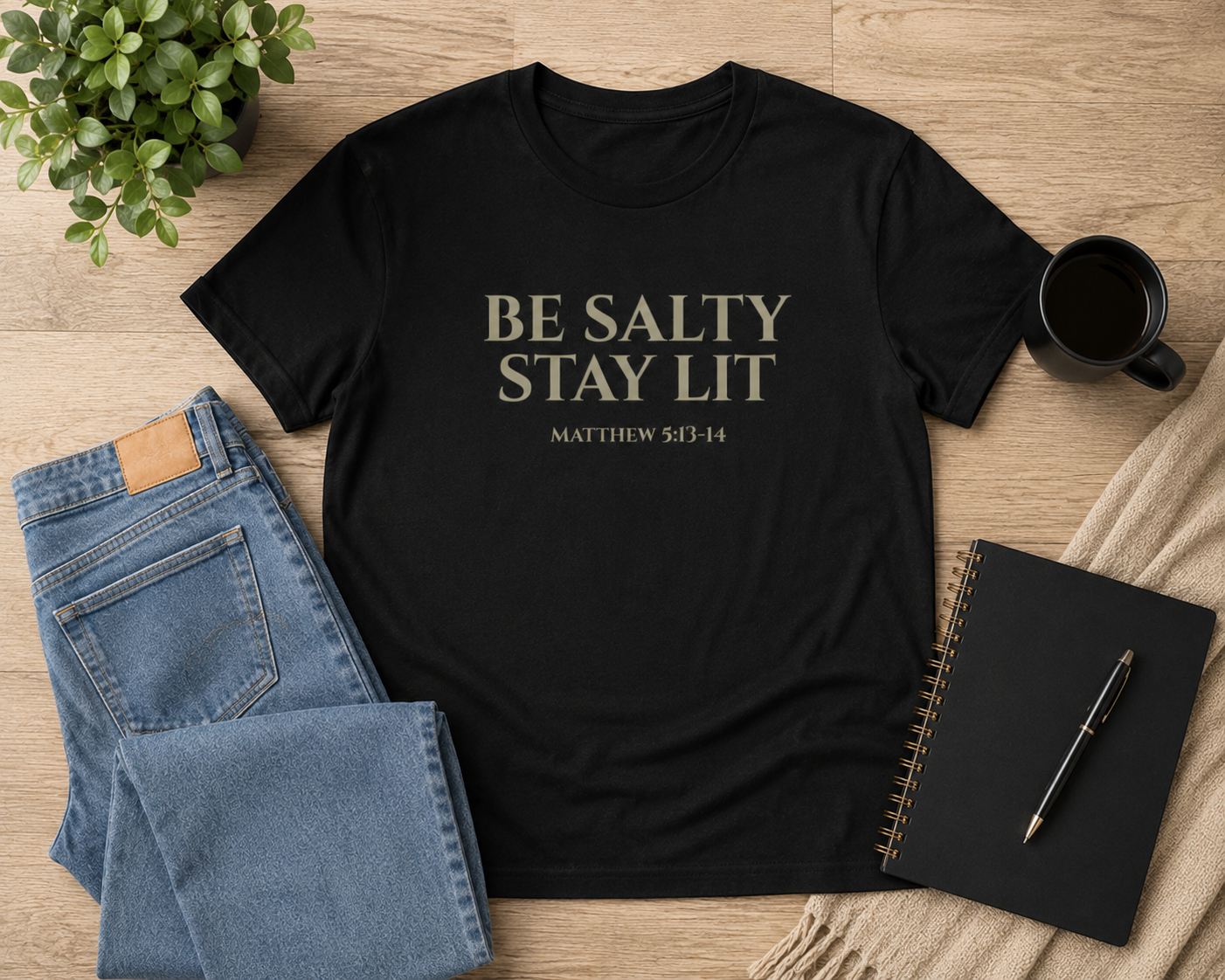 Black Christian “Be Salty Stay Lit Matthew 5:13-14” t-shirt flat lay styled with denim jeans, a black journal and pen, a coffee mug, and modern neutral decor on a warm wood background