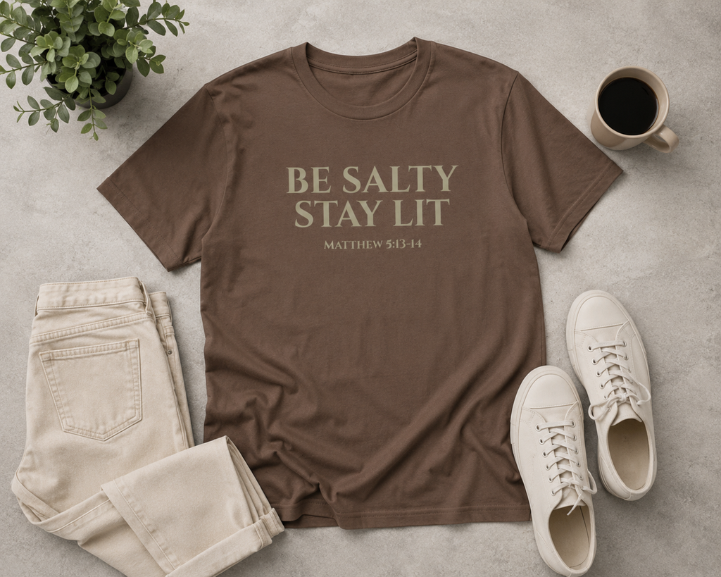 Espresso-colored Christian “Be Salty Stay Lit Matthew 5:13-14” t-shirt flat lay styled with cream denim, neutral sneakers, a coffee mug, and minimalist accessories on a soft stone background