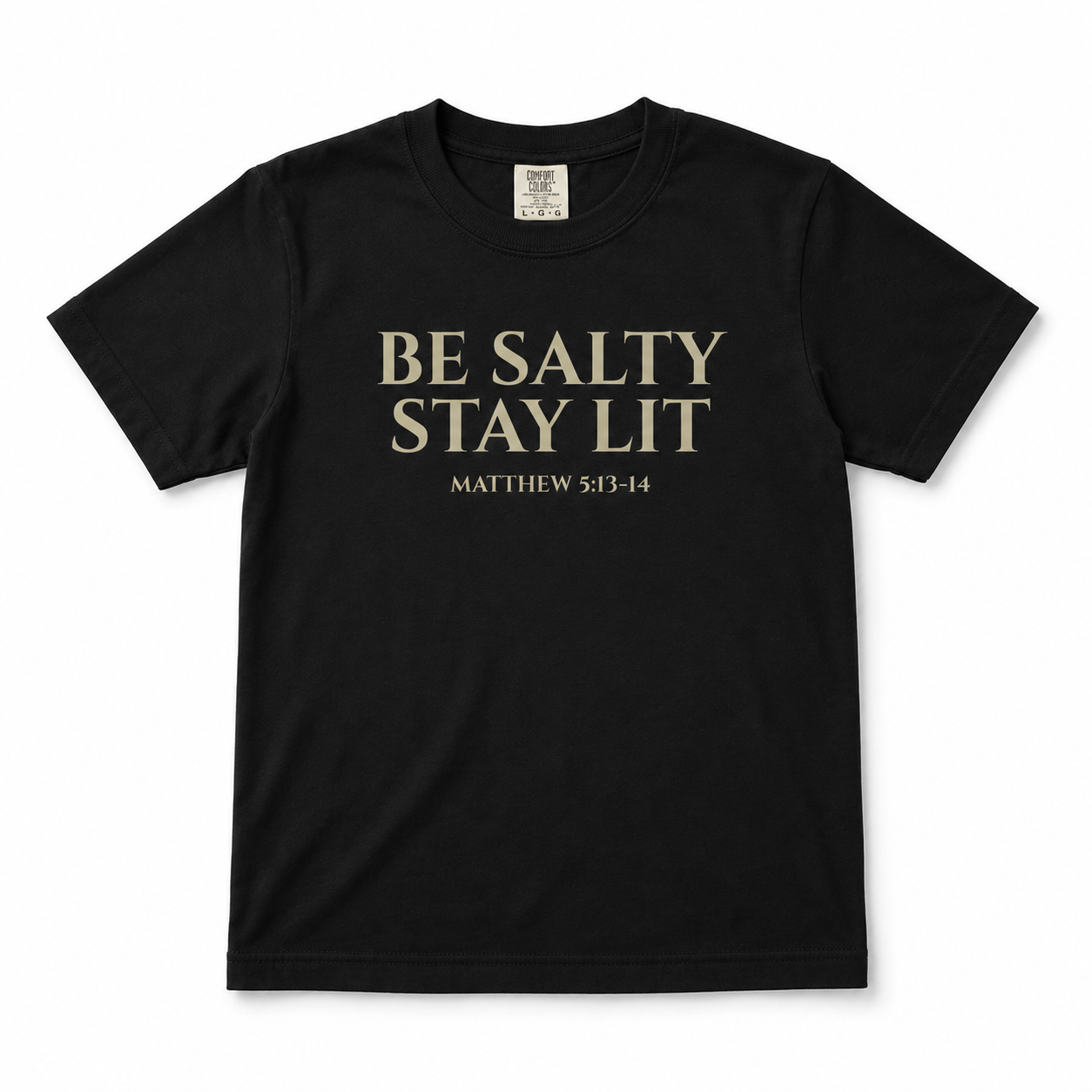 Black “Be Salty Stay Lit” youth Christian t-shirt featuring Matthew 5:13–14 in a clean front-facing product mockup.