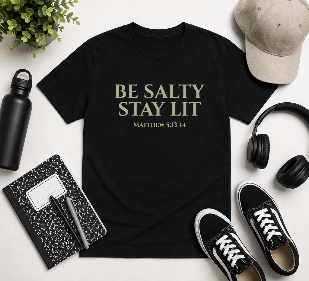 Flat lay mockup of the black “Be Salty Stay Lit” youth Christian t-shirt styled with headphones, sneakers, notebook, water bottle, and neutral modern accessories on a clean light background.