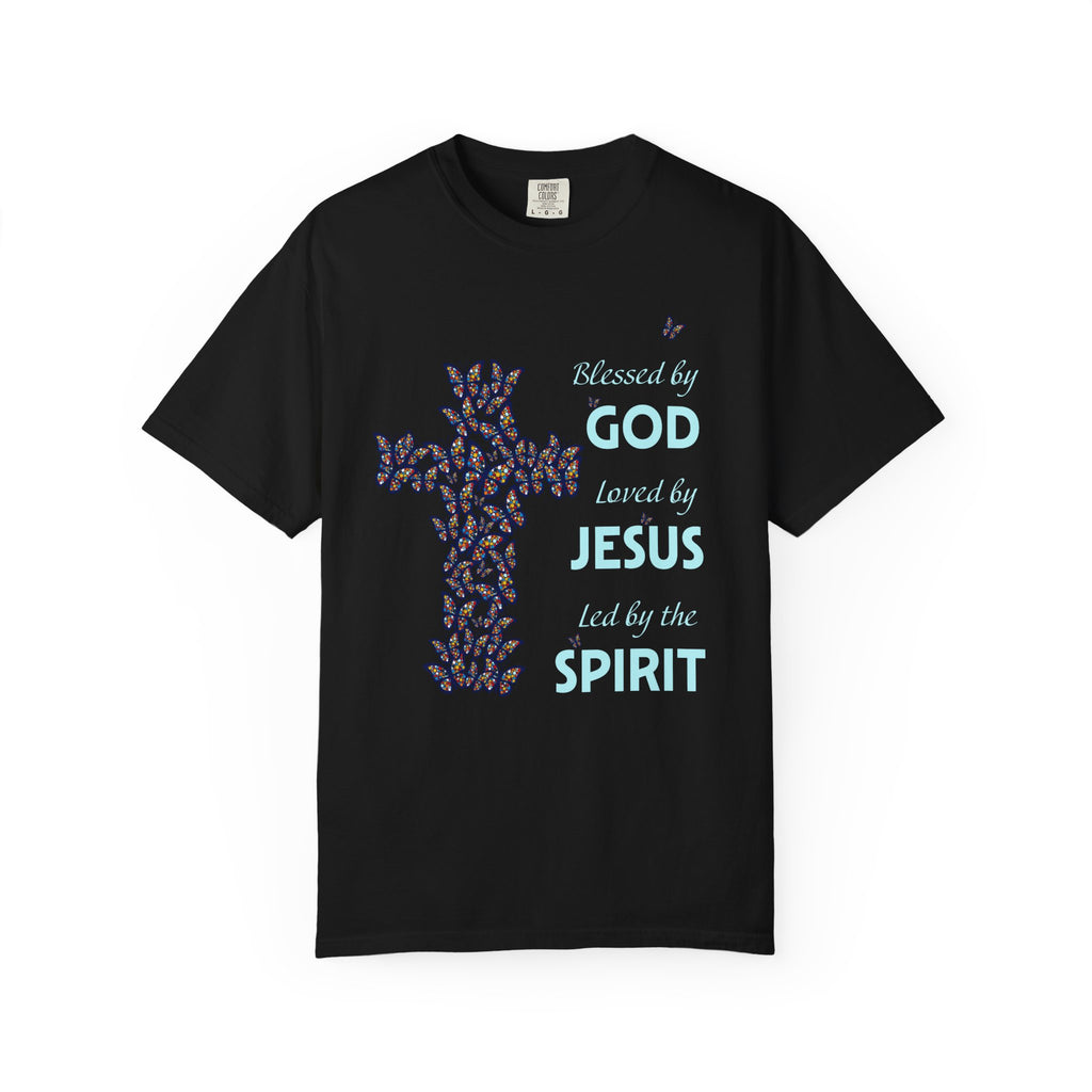 Black Christian t-shirt with colorful butterfly cross graphic and inspirational faith message “Blessed by God, Loved by Jesus, Led by the Spirit”