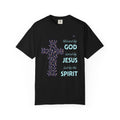 Black Christian t-shirt with colorful butterfly cross graphic and inspirational faith message “Blessed by God, Loved by Jesus, Led by the Spirit”
