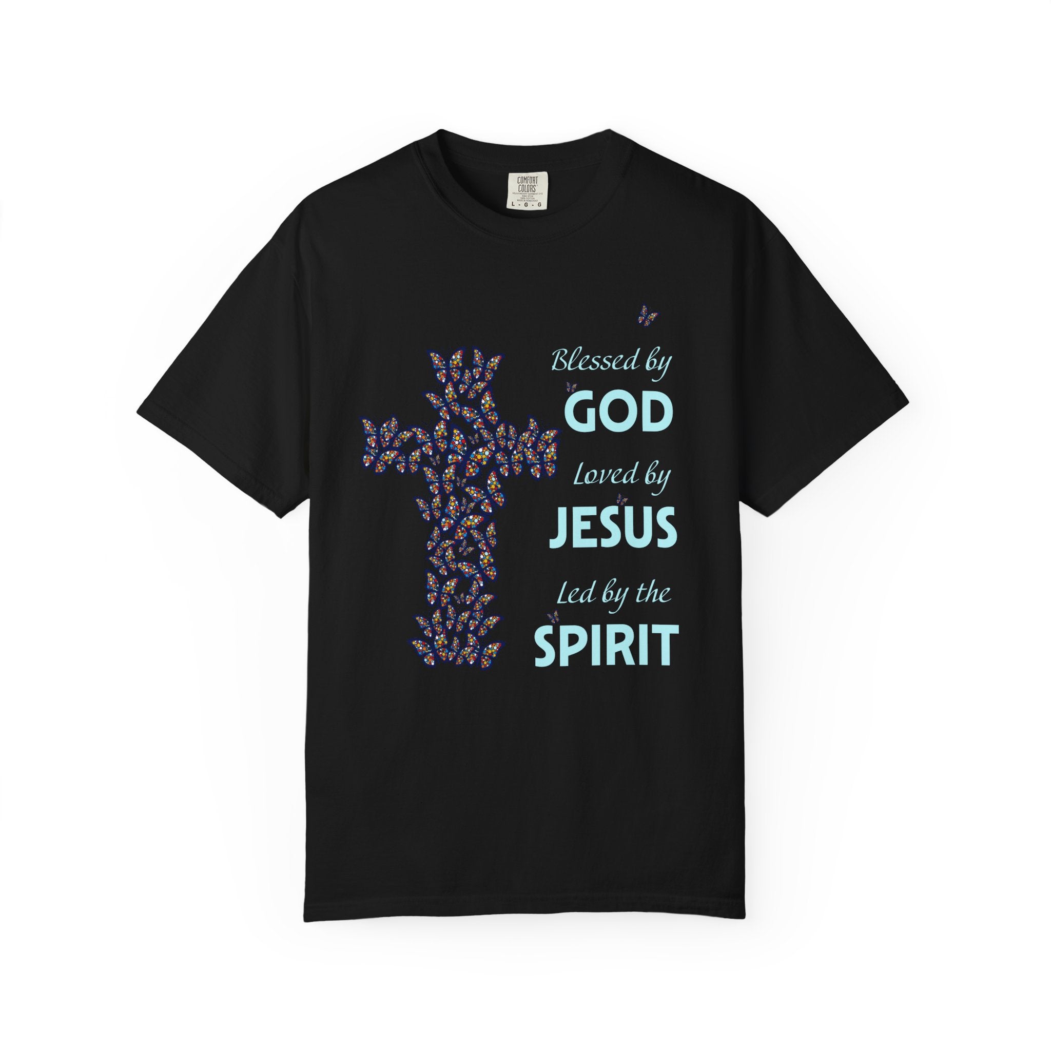 Black Christian t-shirt with colorful butterfly cross graphic and inspirational faith message “Blessed by God, Loved by Jesus, Led by the Spirit”
