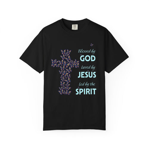 Black Christian t-shirt with colorful butterfly cross graphic and inspirational faith message “Blessed by God, Loved by Jesus, Led by the Spirit”