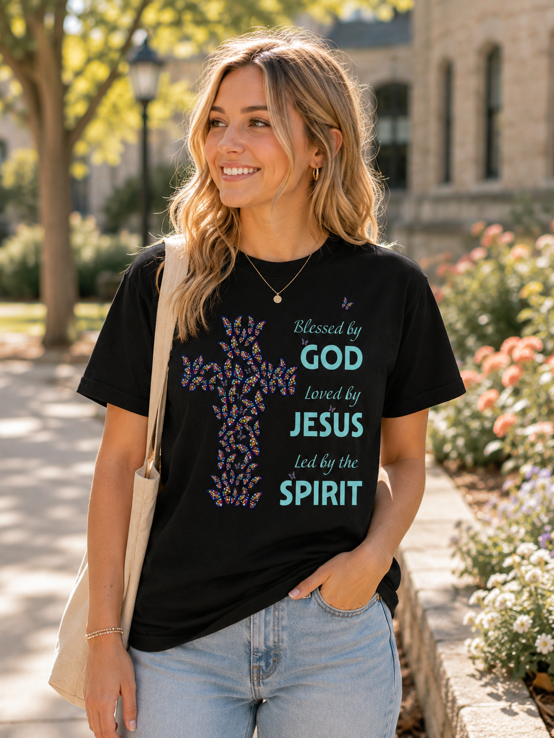 College-aged woman wearing black Christian butterfly cross t-shirt outdoors on a sunny campus walkway with casual modern styling and soft natural light