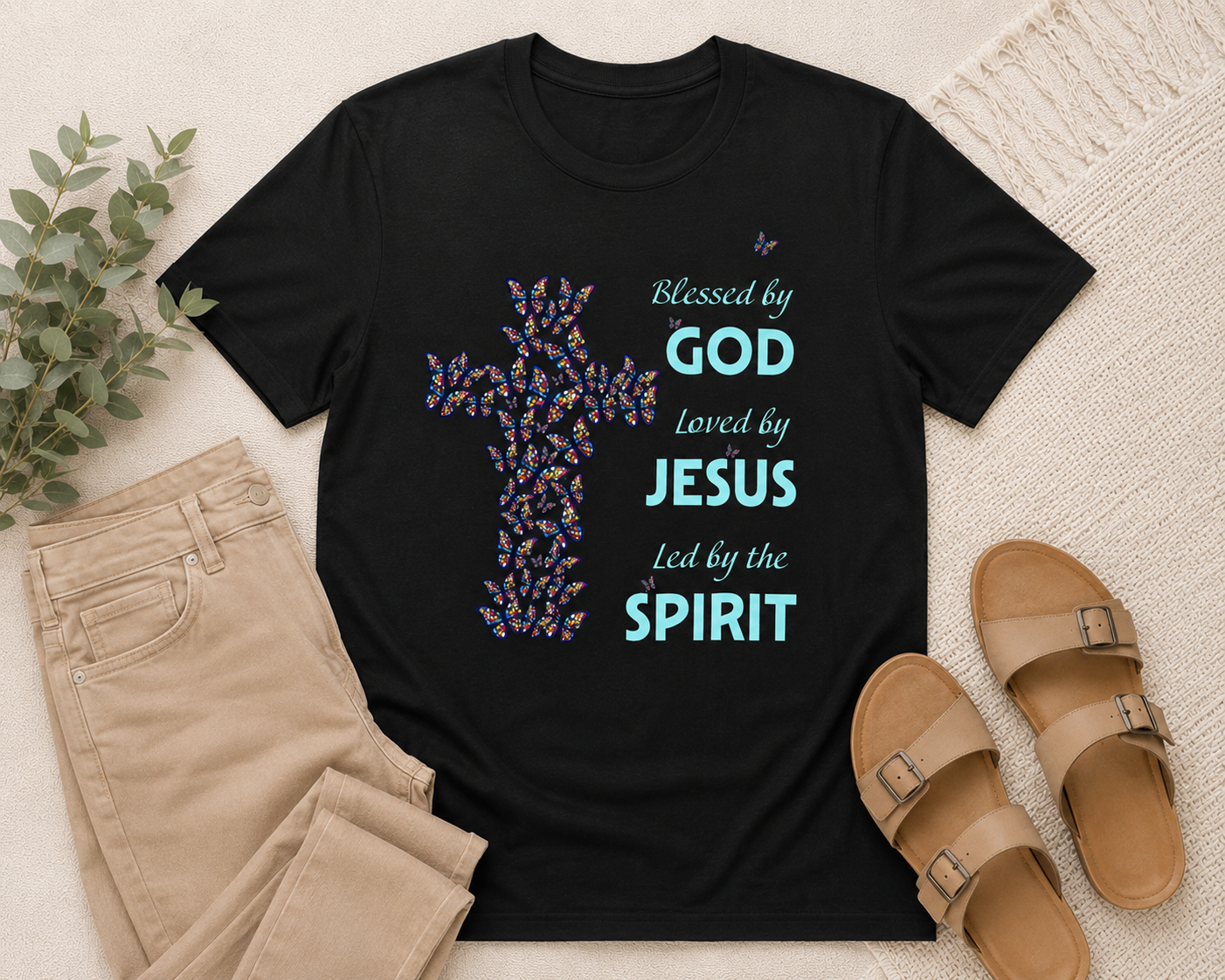 Black Christian butterfly cross t-shirt flat lay with tan pants, neutral sandals, greenery, and modern beige lifestyle styling