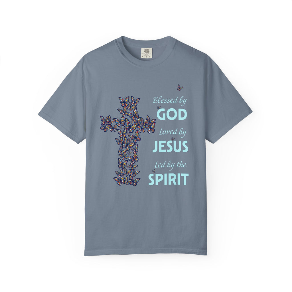 Pepper blue Christian t-shirt featuring butterfly cross graphic and faith message reading “Blessed by God, Loved by Jesus, Led by the Spirit”