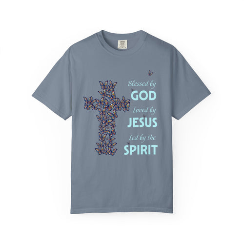 Pepper blue Christian t-shirt featuring butterfly cross graphic and faith message reading “Blessed by God, Loved by Jesus, Led by the Spirit”