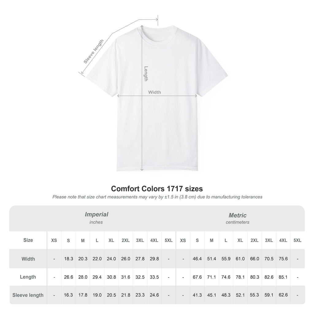 Comfort Colors 1717 unisex t-shirt size chart with imperial and metric measurements for width, length, and sleeve length