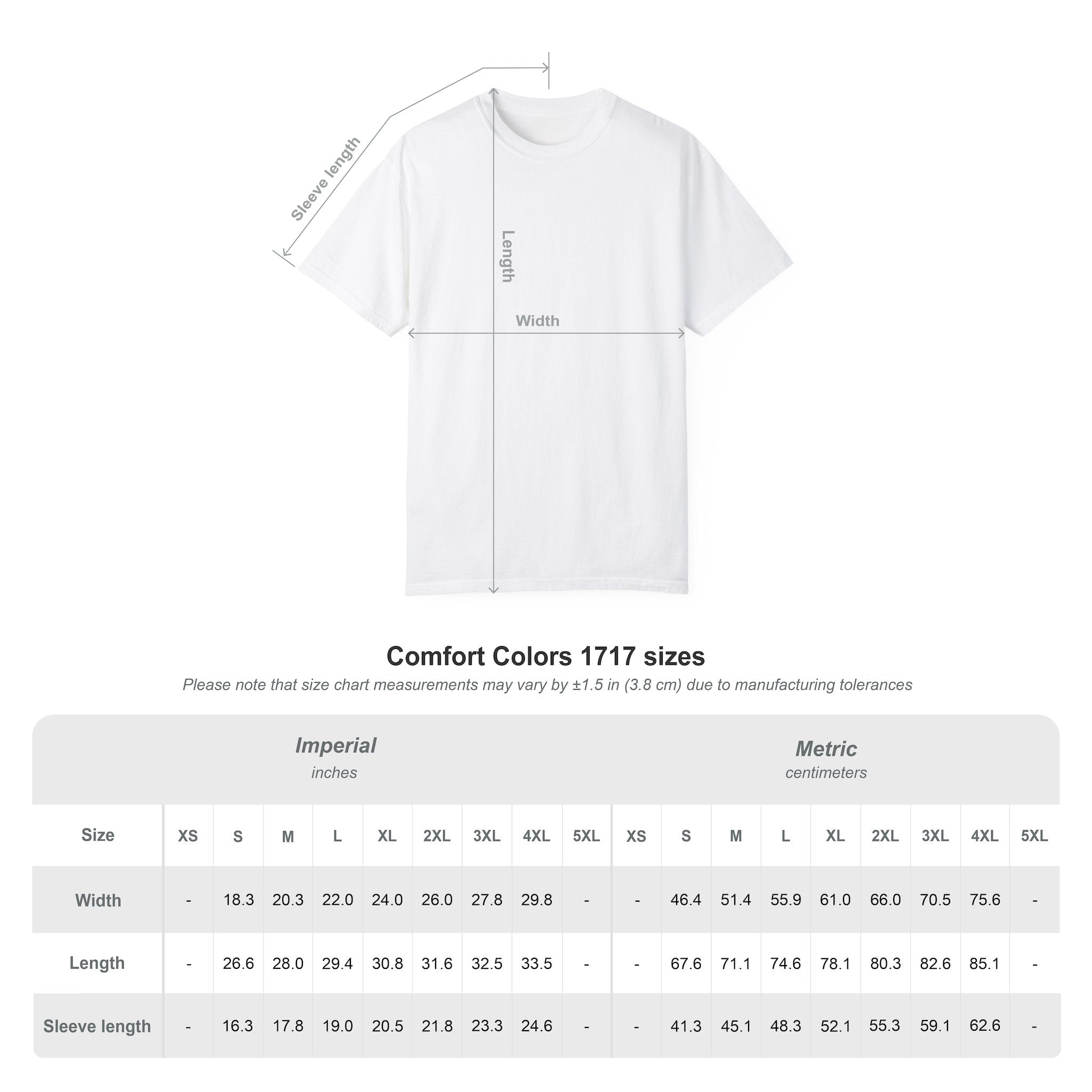 Comfort Colors 1717 unisex t-shirt size chart with imperial and metric measurements for width, length, and sleeve length