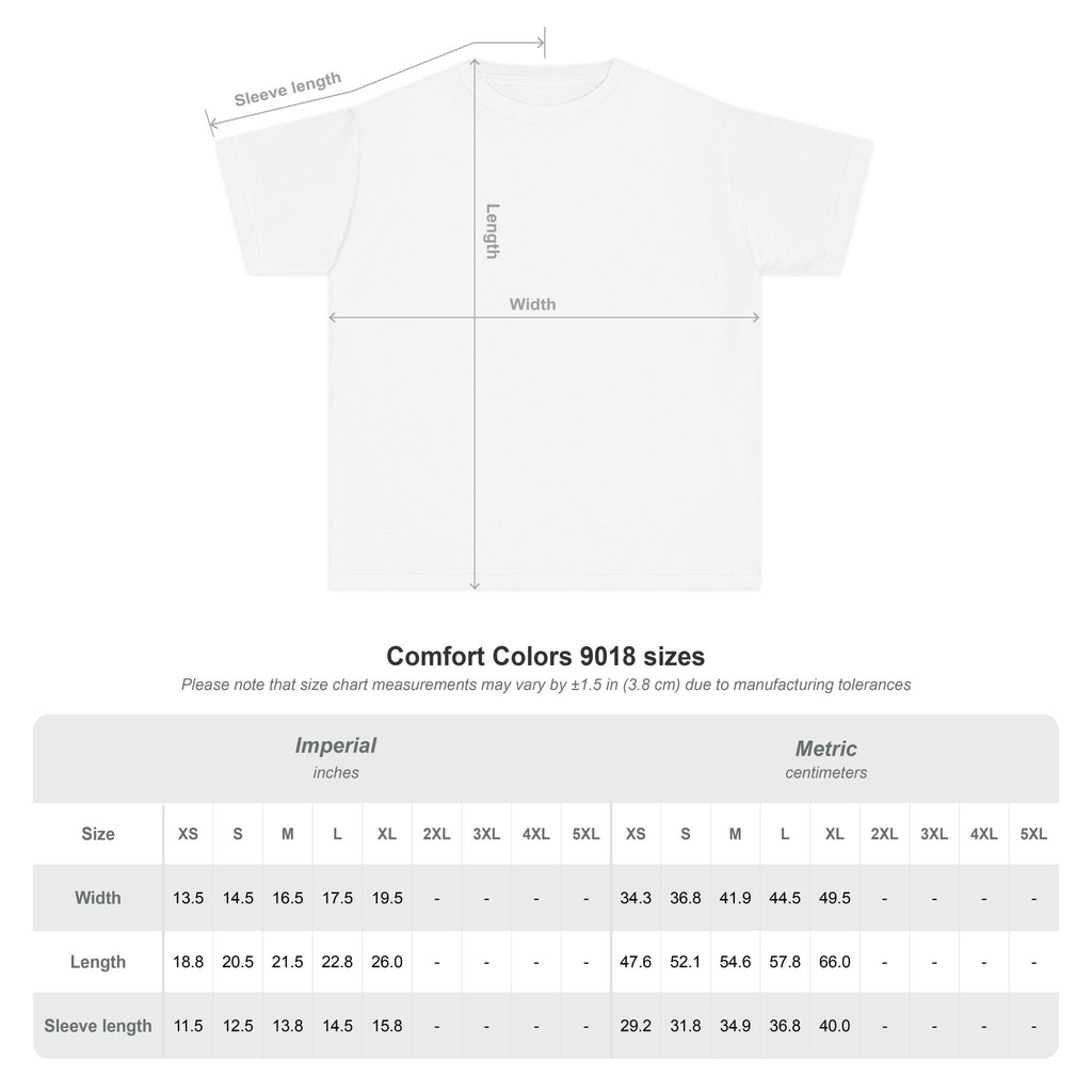 Size chart for Comfort Colors 9018 youth midweight t-shirt showing measurements and youth sizing information.