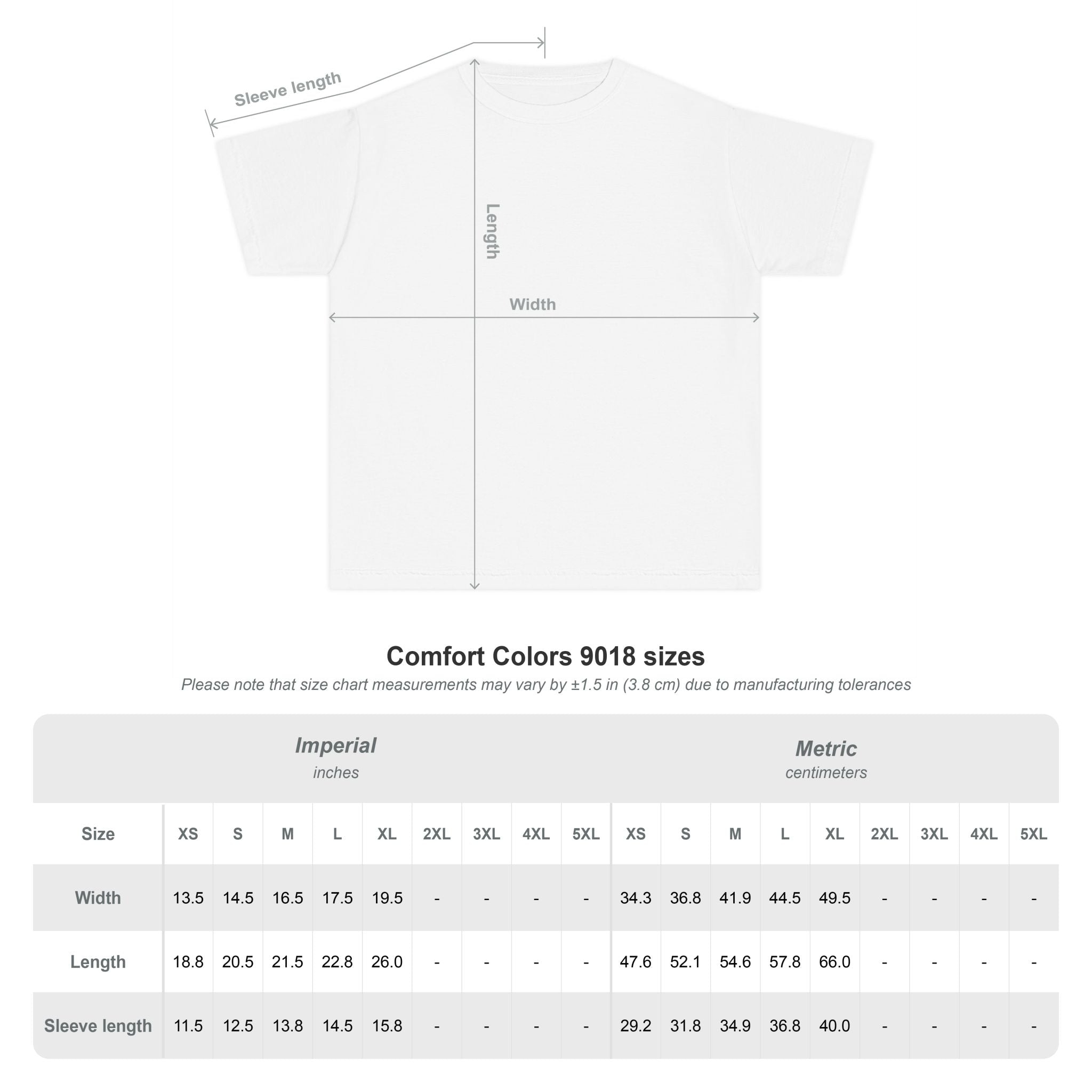 Size chart for Comfort Colors 9018 youth midweight t-shirt showing measurements and youth sizing information.