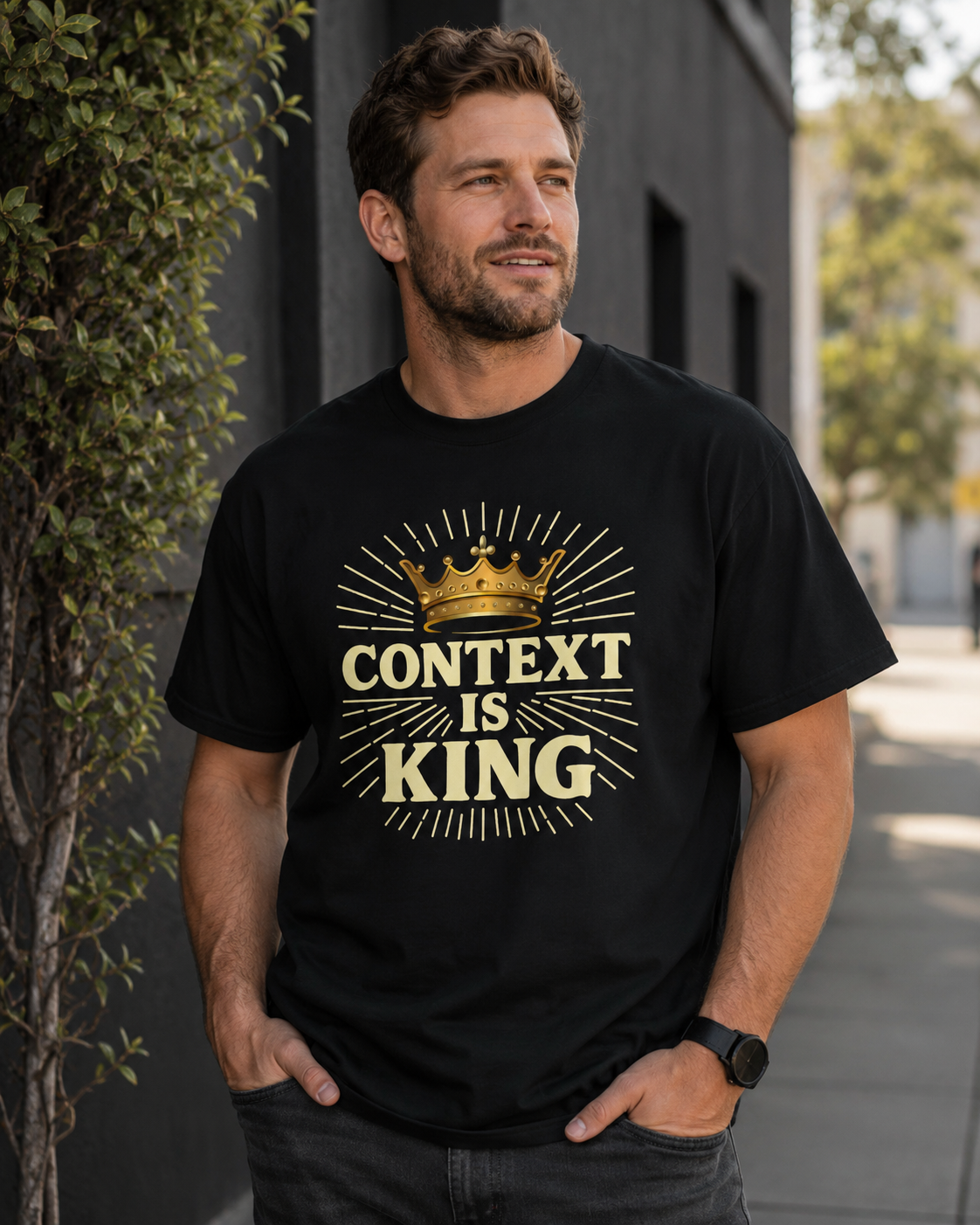Man in his 30s with medium brown hair and a short beard wearing a black “Context Is King” Christian graphic t-shirt while standing outdoors in a modern urban setting with casual jeans and a relaxed confident expression
