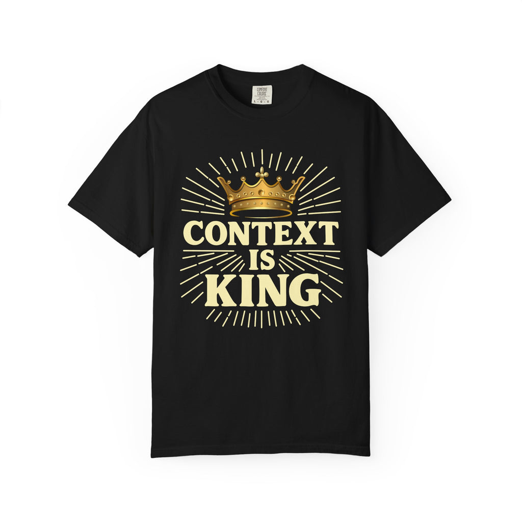 Black Christian graphic t-shirt featuring a gold crown and “Context Is King” typography design with radiating line details