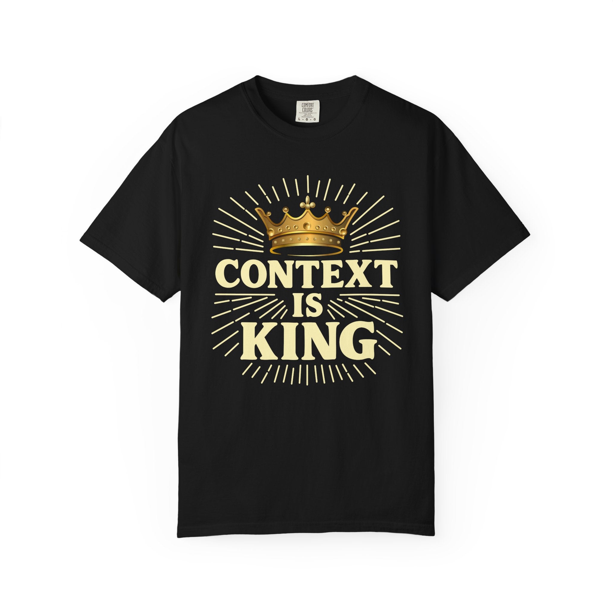 Black Christian graphic t-shirt featuring a gold crown and “Context Is King” typography design with radiating line details