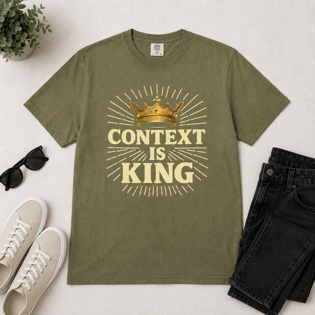 Hemp-colored “Context Is King” Christian graphic t-shirt flat lay styled with cream canvas sneakers, black denim, sunglasses, and minimalist accessories on a soft neutral background