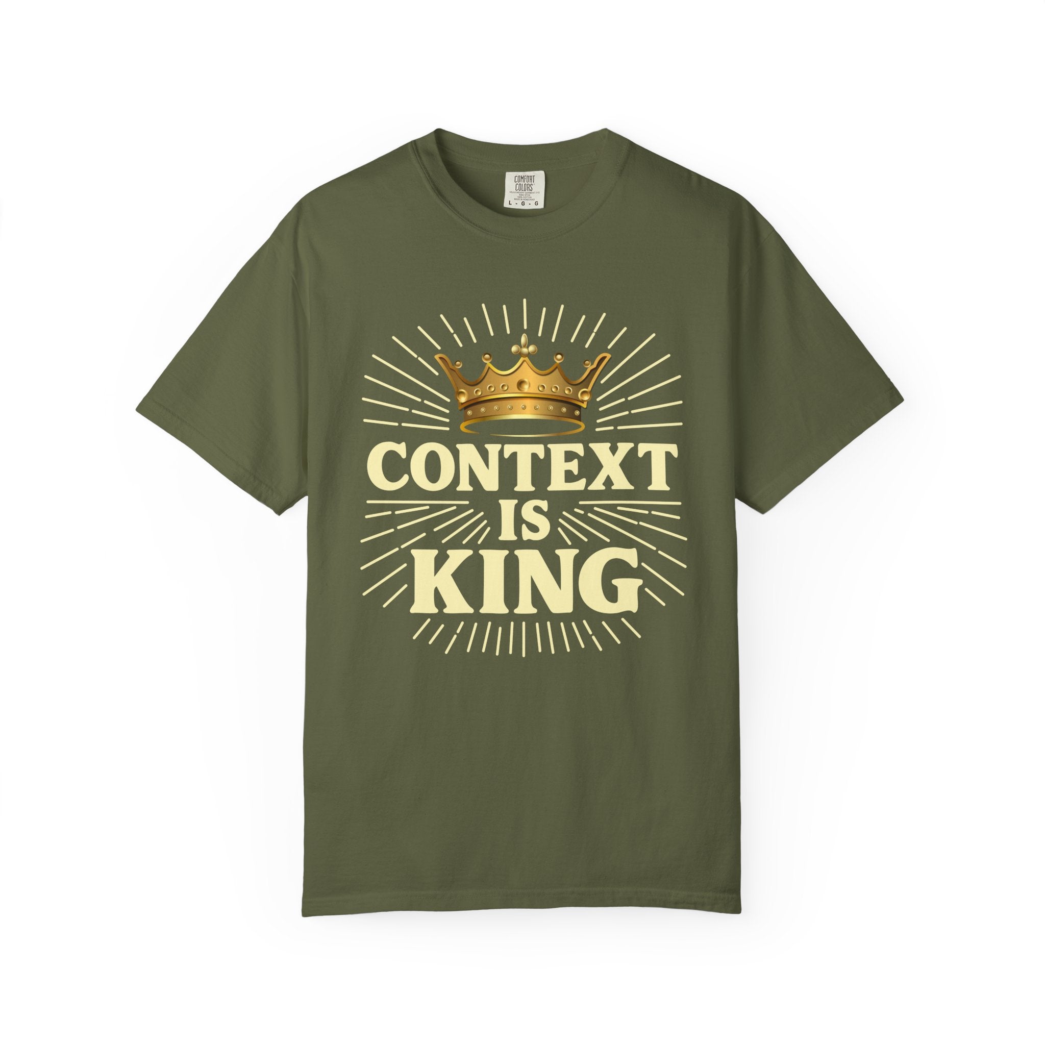 Hemp-colored Christian graphic t-shirt featuring a gold crown and “Context Is King” typography design with radiating line details