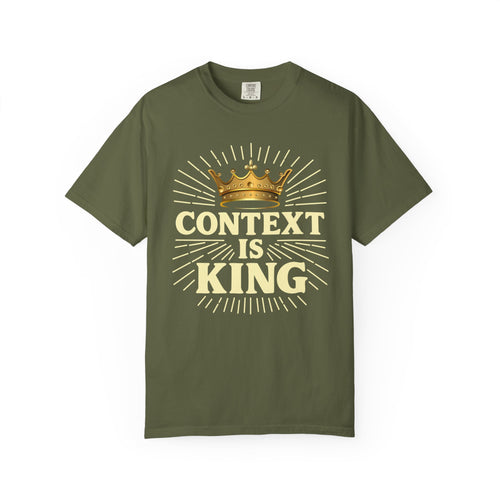 Hemp-colored Christian graphic t-shirt featuring a gold crown and “Context Is King” typography design with radiating line details