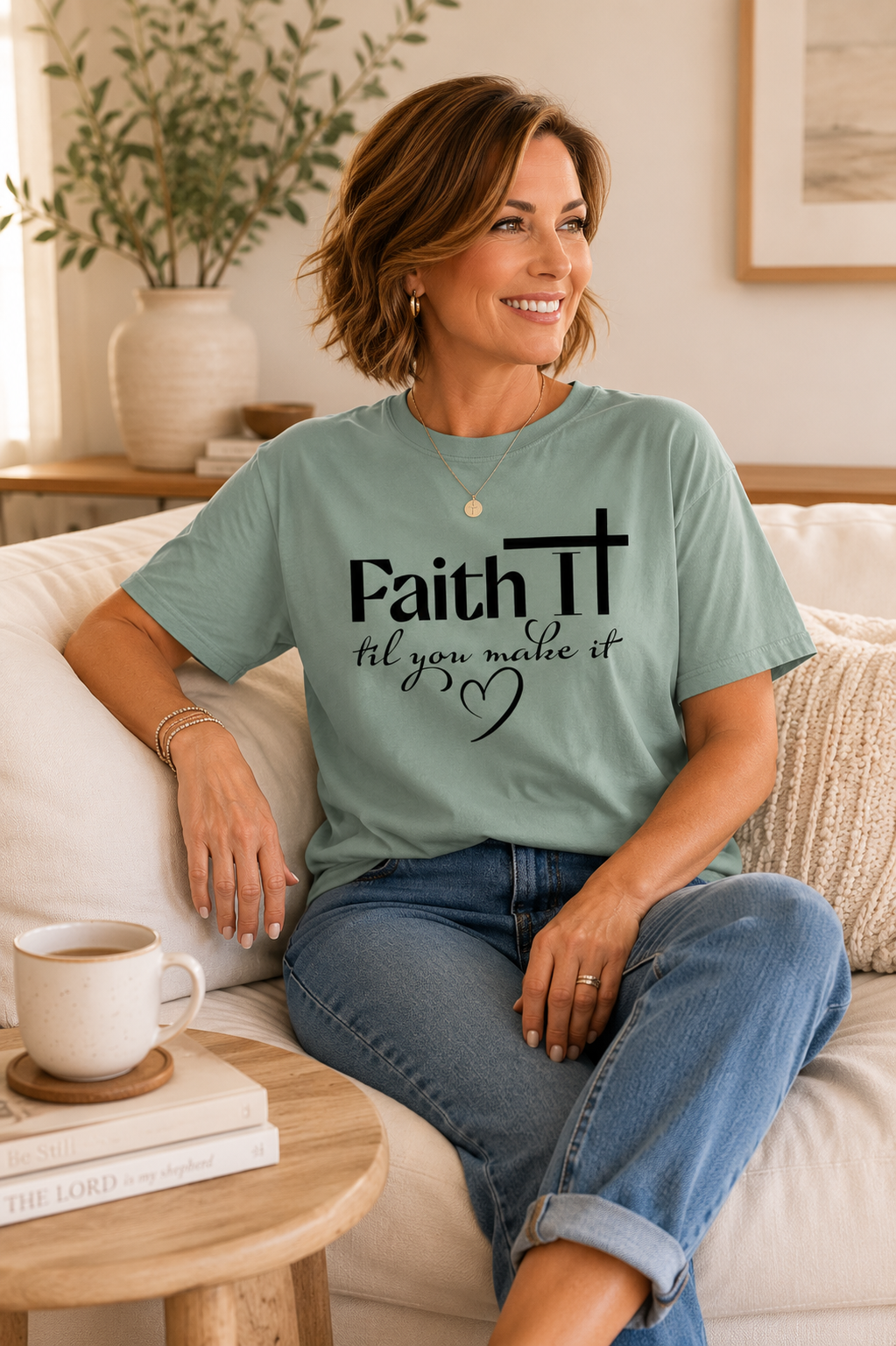 Woman with short light brown hair wearing bay blue “Faith It Til You Make It” Christian t-shirt while sitting on a cream couch in a minimal living room with tea nearby