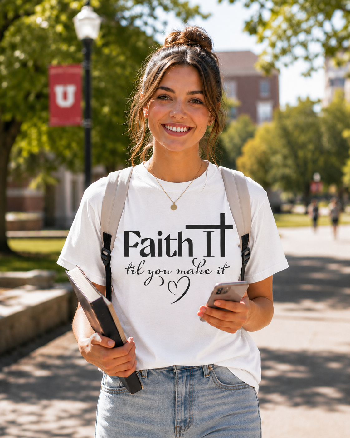 Smiling college student wearing white “Faith It Til You Make It” Christian t-shirt while holding a book and smartphone on a sunny campus walkway