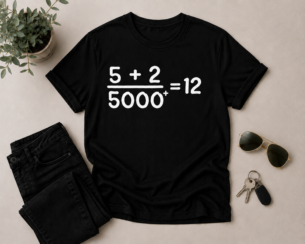 Black Comfort Colors Christian graphic t-shirt flat lay featuring the “5 + 2 / 5000+ = 12” miracle equation design styled with black jeans, gold aviator sunglasses, keys, and neutral accessories.
