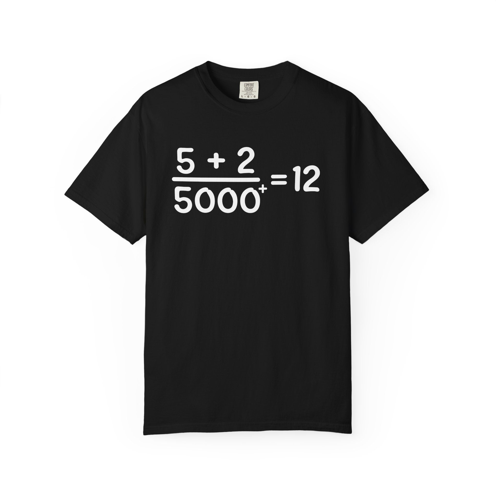 Black Comfort Colors 1717 t-shirt featuring a Christian math-inspired design with five loaves plus two fish over five thousand equaling twelve baskets, inspired by the feeding of the 5000 miracle.