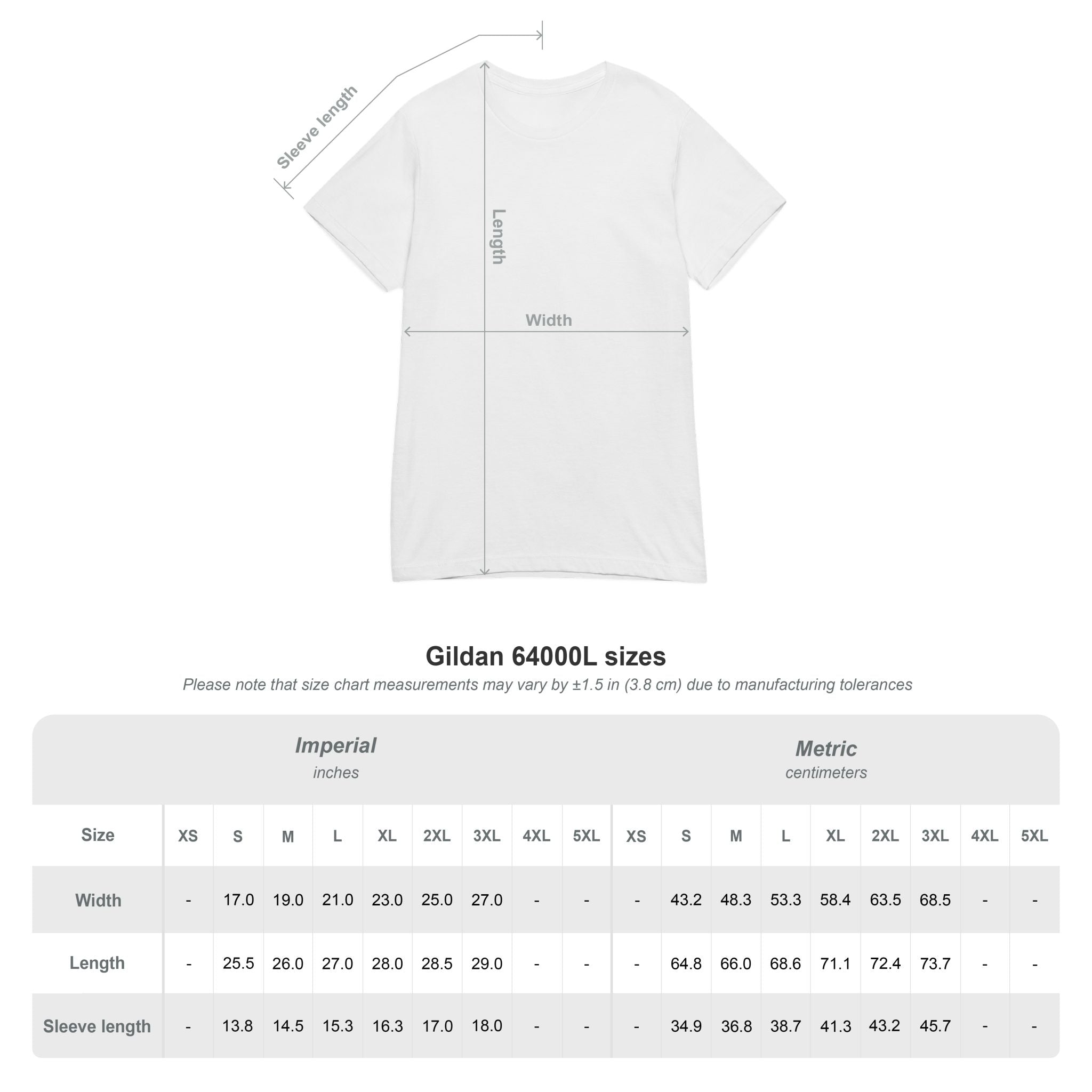 Gildan 64000L women’s Softstyle t-shirt size chart with imperial and metric measurements for width, length, and sleeve length
