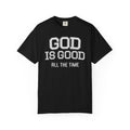 Black Christian t-shirt featuring “God Is Good All The Time” varsity-style text design