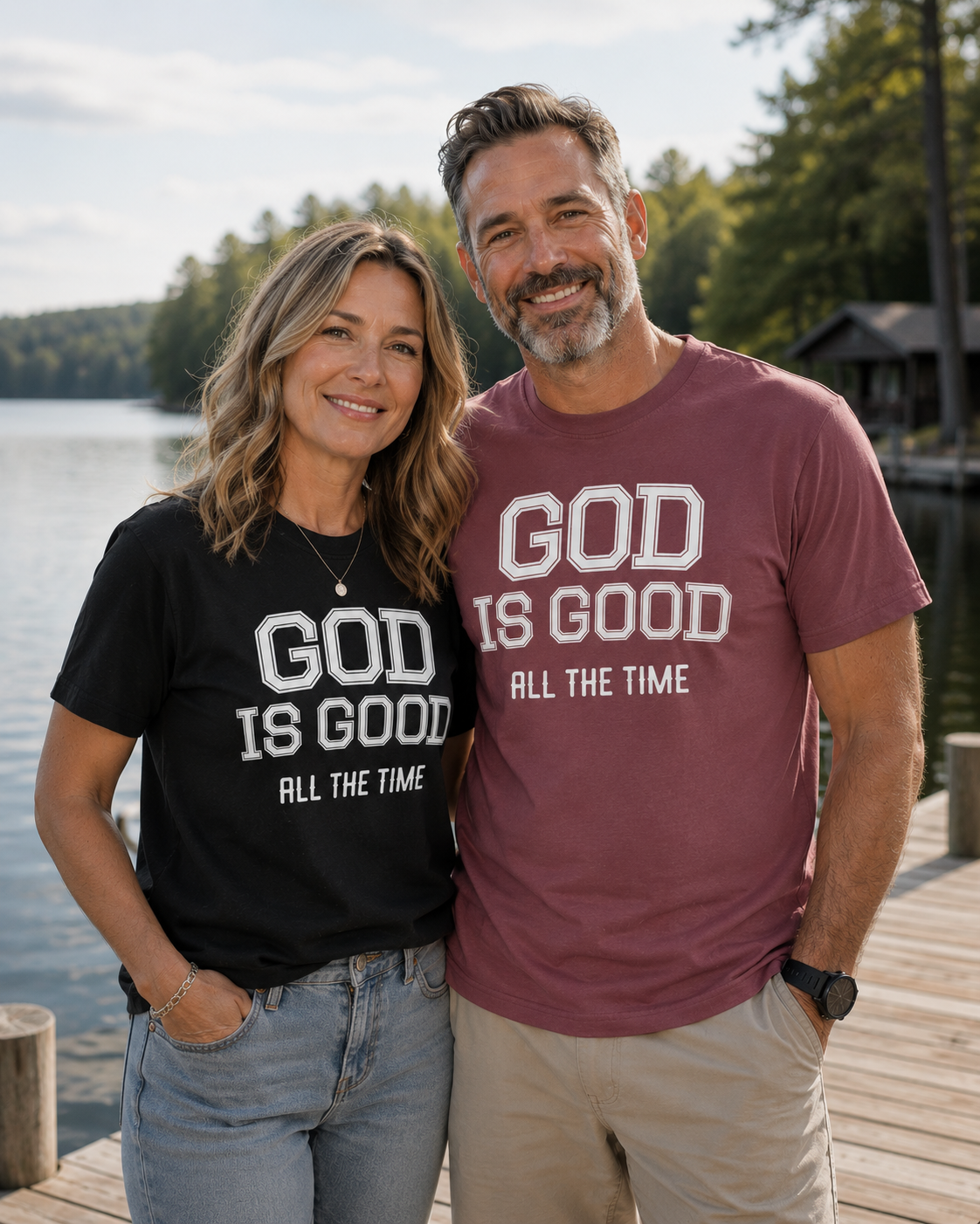 Middle-aged couple standing together on a lakeside dock wearing matching Christian “God Is Good All The Time” t-shirts, with the woman in black and the man in brick