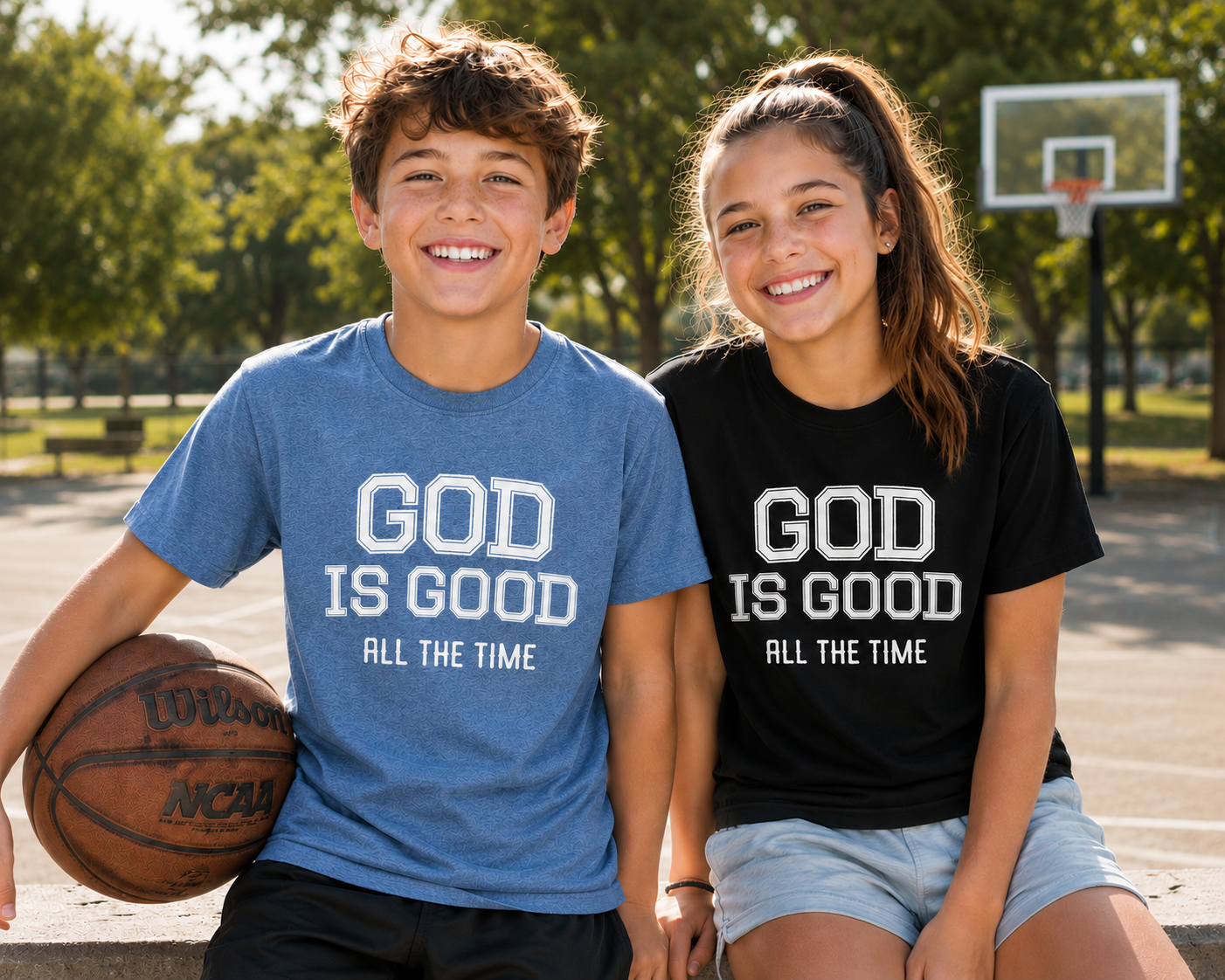 Tween boy in a Blue Jean “God Is Good All The Time” youth Christian t-shirt and tween girl in a black matching tee sitting together outdoors near a basketball court with a fun, modern, youthful vibe.