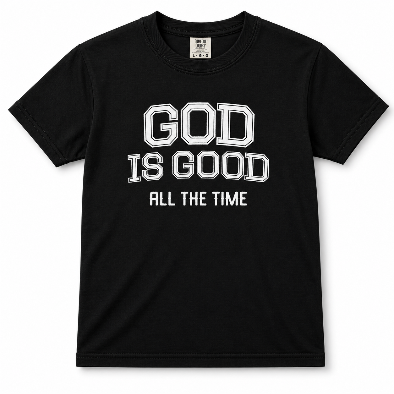 Black youth Christian graphic t-shirt featuring the phrase “God Is Good All The Time” in bold varsity lettering on a Comfort Colors 9018 tee.
