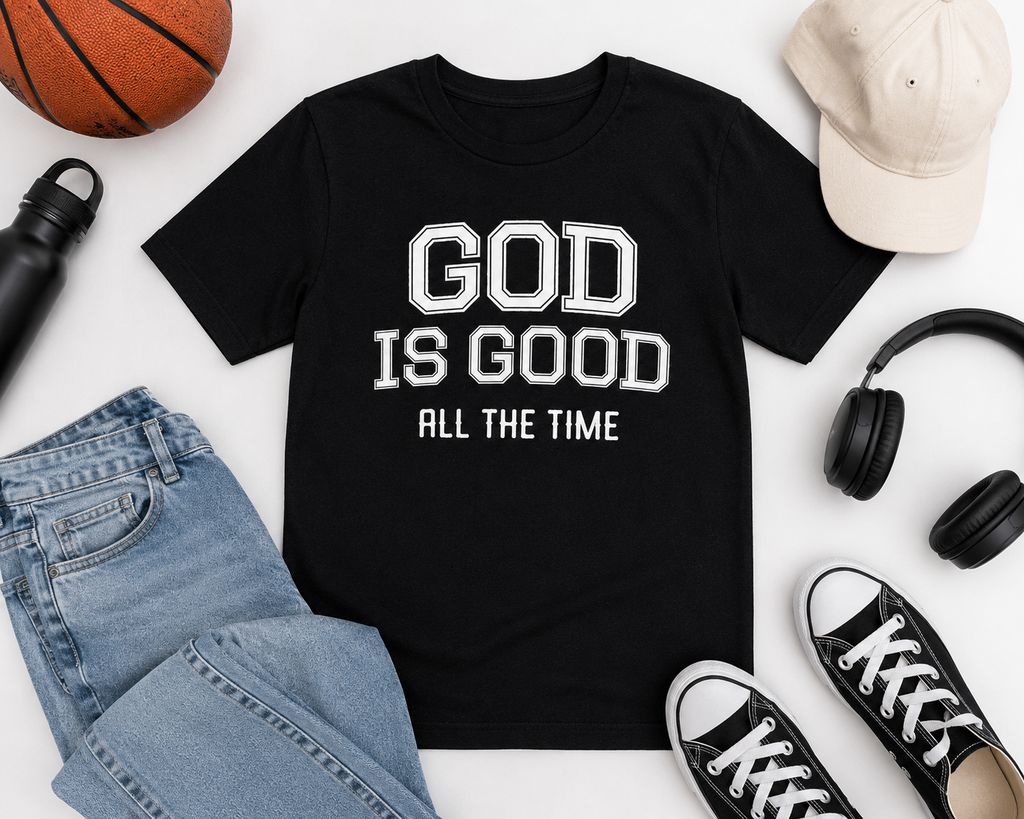 Flat lay mockup of the black “God Is Good All The Time” youth Christian t-shirt styled with light wash jeans, black headphones, black sneakers, a basketball, water bottle, and neutral accessories on a clean modern background.
