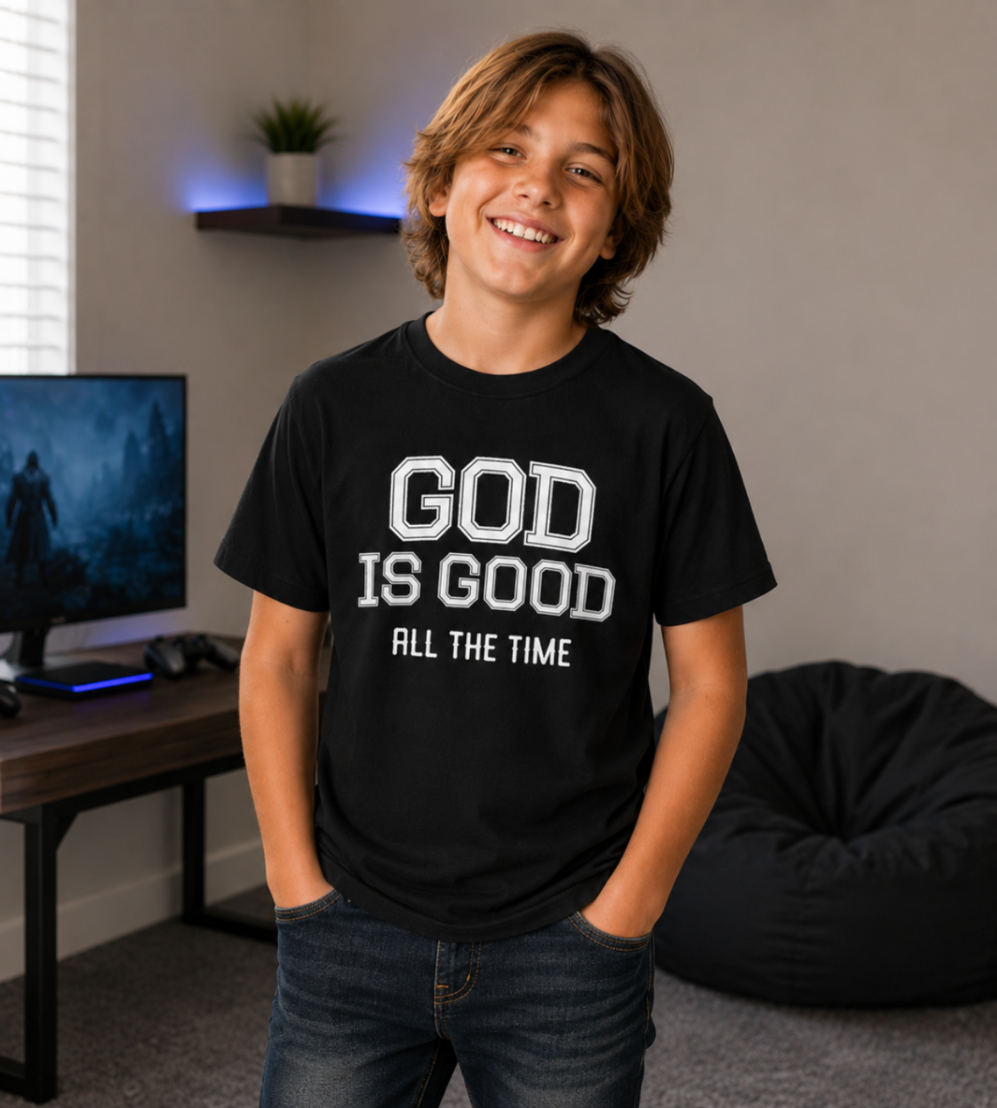 Tween boy with mid-length light brown hair wearing the black “God Is Good All The Time” youth Christian t-shirt with faded dark blue jeans in a modern gaming room with a clean, minimal setup and fun youthful vibe.