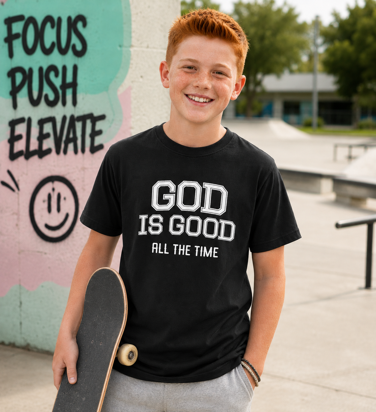 Tween boy with short red hair wearing the black “God Is Good All The Time” youth Christian t-shirt at an outdoor skatepark, holding a skateboard with a modern fun youthful vibe.