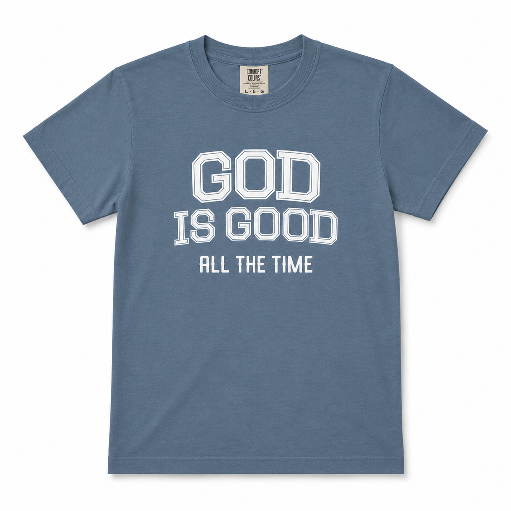Blue Jean heathered youth Christian graphic t-shirt featuring the phrase “God Is Good All The Time” in bold varsity lettering on a Comfort Colors 9018 tee.