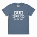 Blue Jean heathered youth Christian graphic t-shirt featuring the phrase “God Is Good All The Time” in bold varsity lettering on a Comfort Colors 9018 tee.