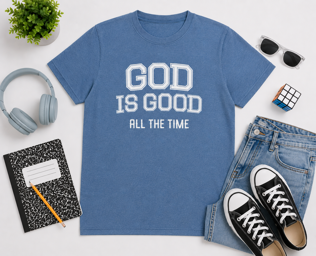 Flat lay mockup of the Blue Jean heathered “God Is Good All The Time” youth Christian t-shirt styled with jeans, black sneakers, headphones, sunglasses, a notebook, and modern gender-neutral accessories on a clean light background.