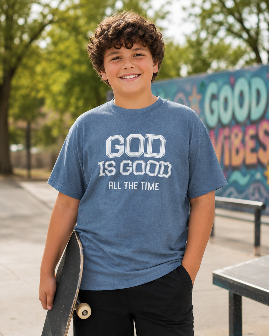 Plus size tween boy with messy curly brown hair wearing the Blue Jean “God Is Good All The Time” youth Christian t-shirt outdoors at a skatepark with a fun youthful vibe.