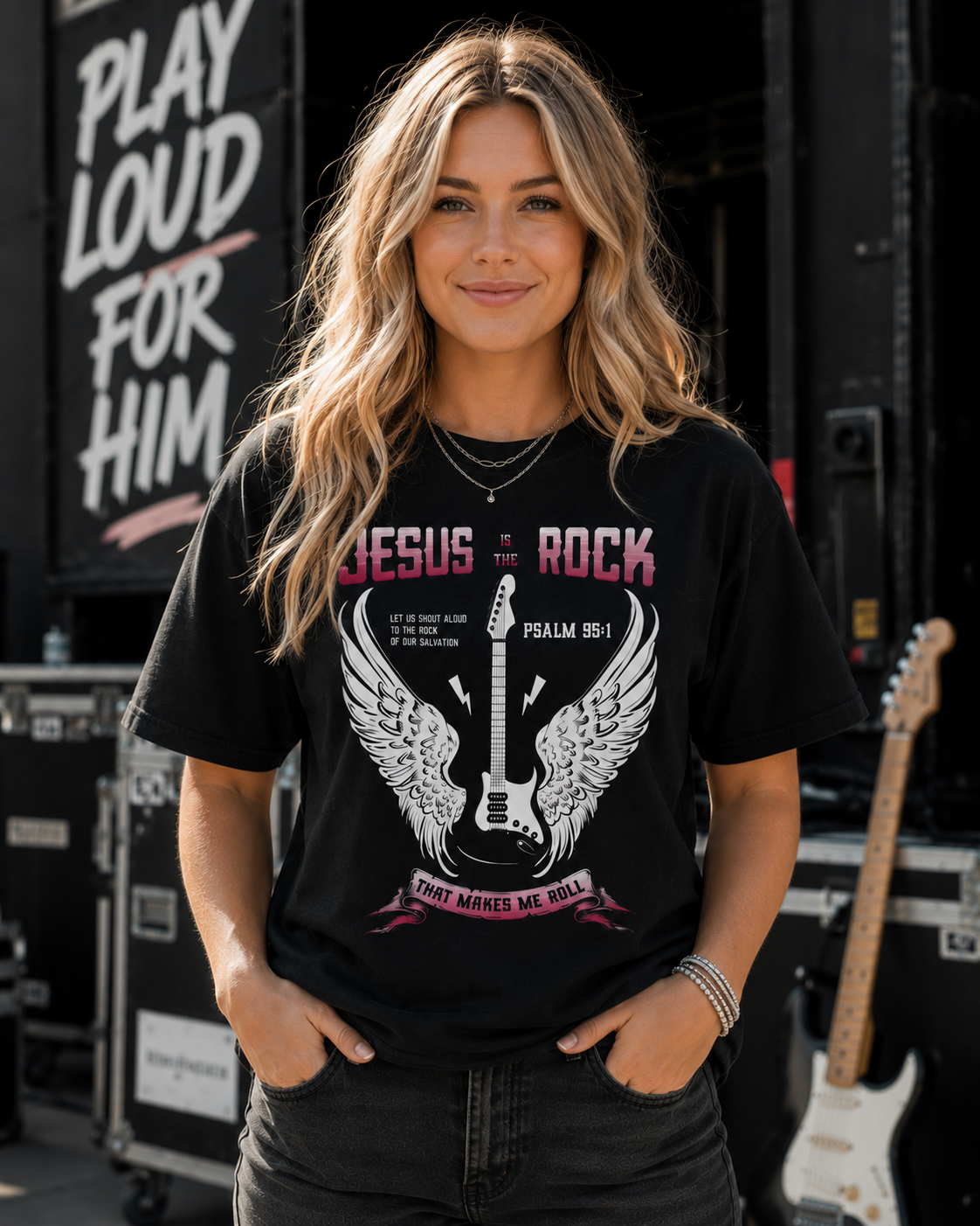 Young woman in her 20s with long blonde hair wearing a black Jesus Is the Rock Christian t-shirt at an outdoor concert venue with guitars, stage equipment, and a modern music-inspired setting.