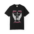 Black Comfort Colors Christian t-shirt featuring a vintage rock-inspired guitar and angel wings graphic with the phrase "Jesus Is the Rock" and Psalm 95:1.