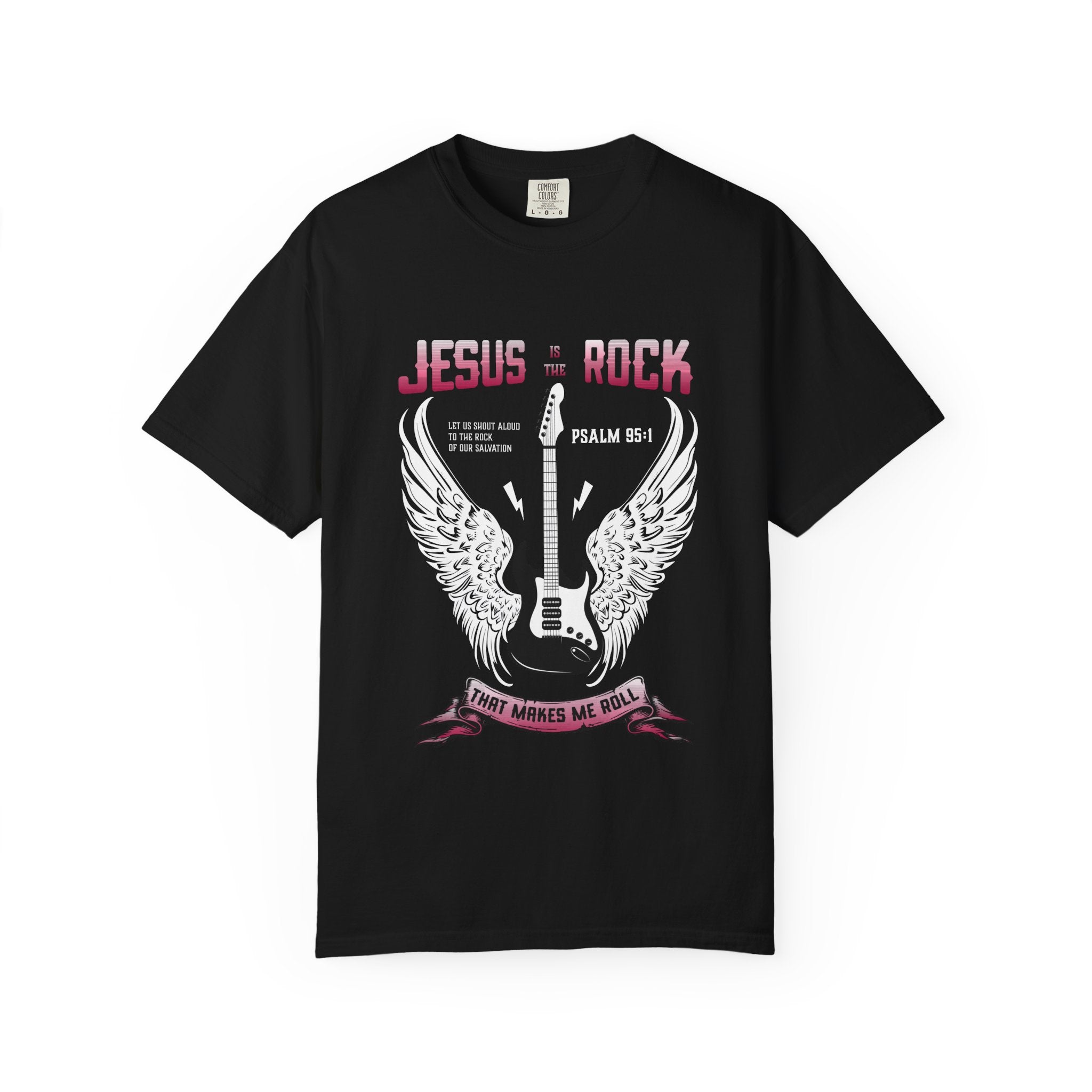 Black Comfort Colors Christian t-shirt featuring a vintage rock-inspired guitar and angel wings graphic with the phrase "Jesus Is the Rock" and Psalm 95:1.