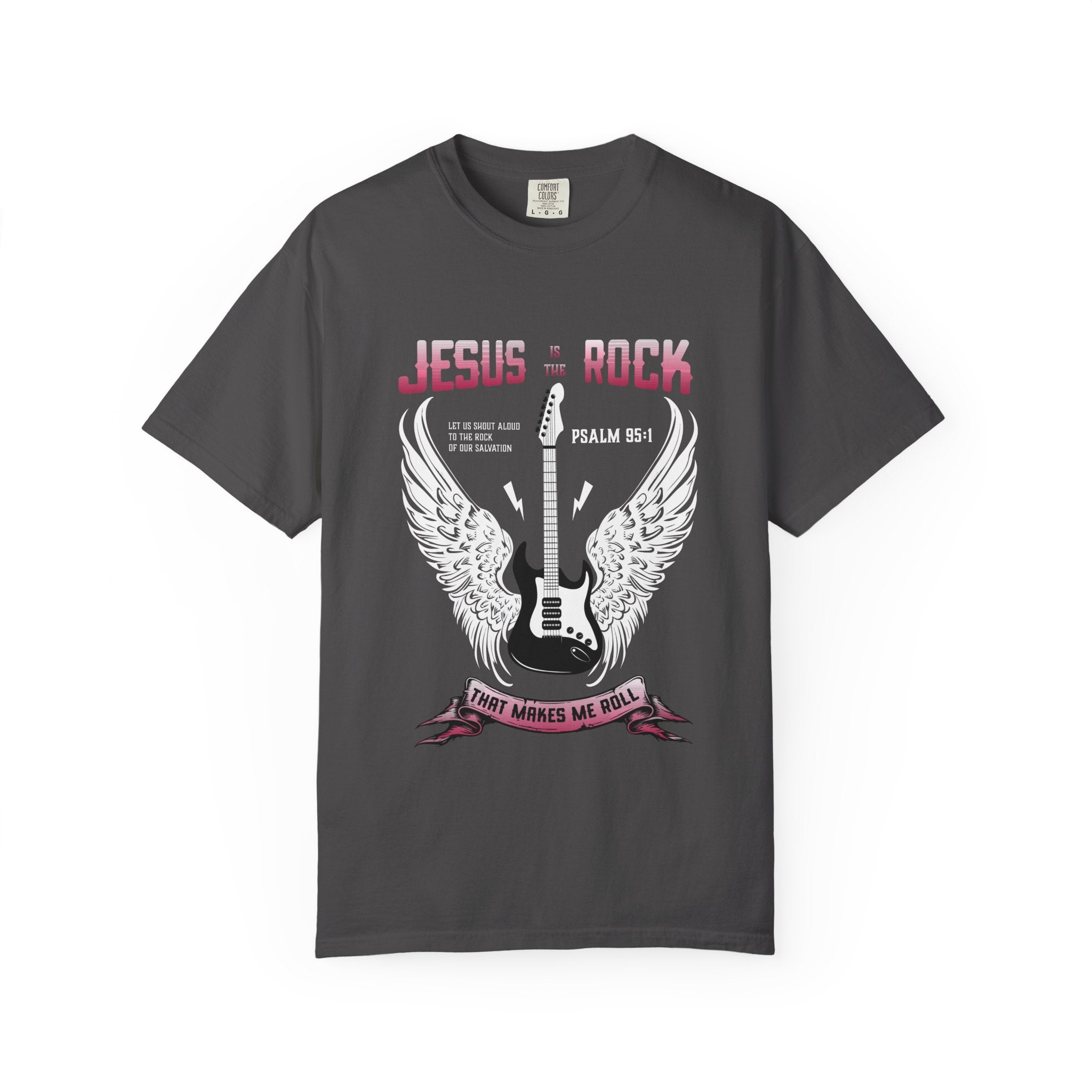 Graphite Comfort Colors Christian t-shirt featuring a vintage rock-inspired guitar and angel wings graphic with the phrase "Jesus Is the Rock" and Psalm 95:1.