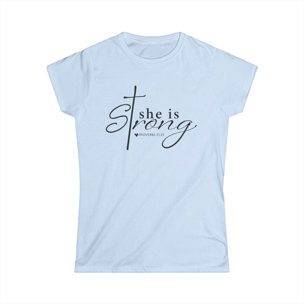 Light blue “She Is Strong” Proverbs 31:25 Christian women’s t-shirt front view