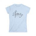 Light blue “She Is Strong” Proverbs 31:25 Christian women’s t-shirt front view