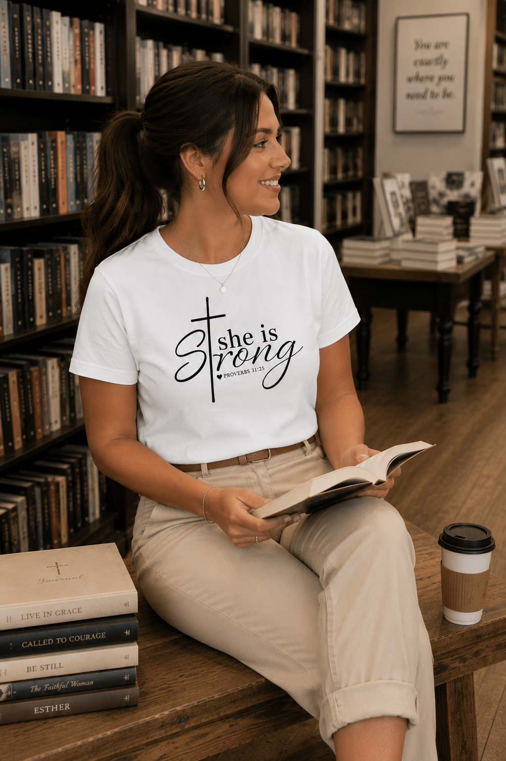 Brunette woman in ponytail wearing white “She Is Strong” Proverbs 31:25 Christian t-shirt with beige pants while reading in a cozy bookstore setting