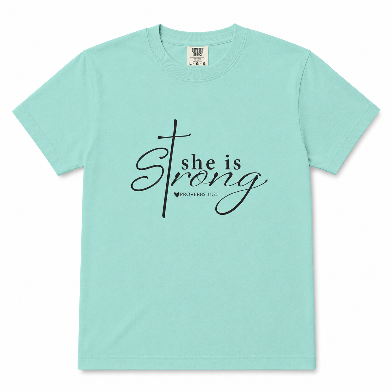 Youth Christian t-shirt in chalky mint featuring “She is Strong” with Proverbs 31:25 in black script lettering.