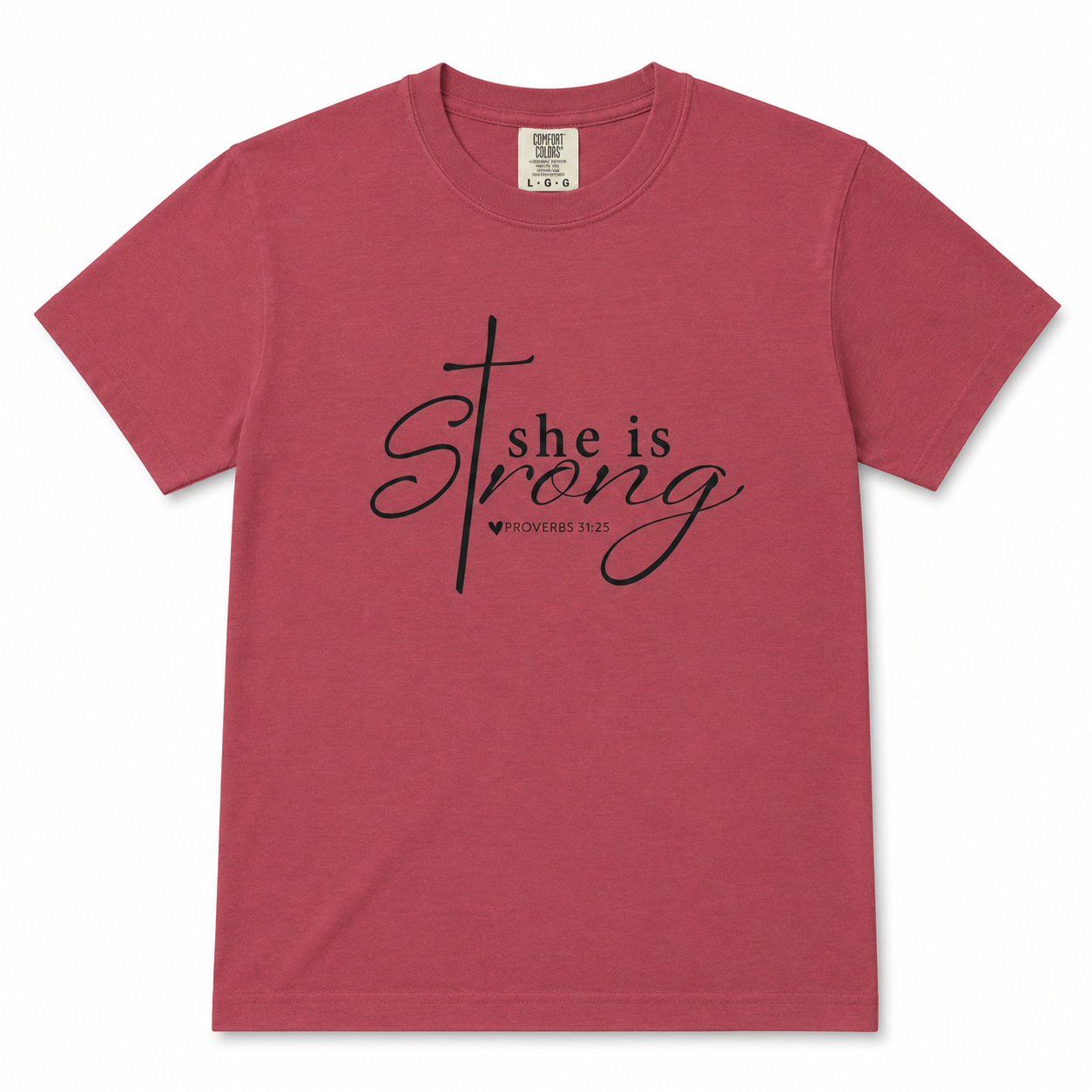 Youth Christian t-shirt in crimson red featuring “She is Strong” with Proverbs 31:25 in black script lettering.