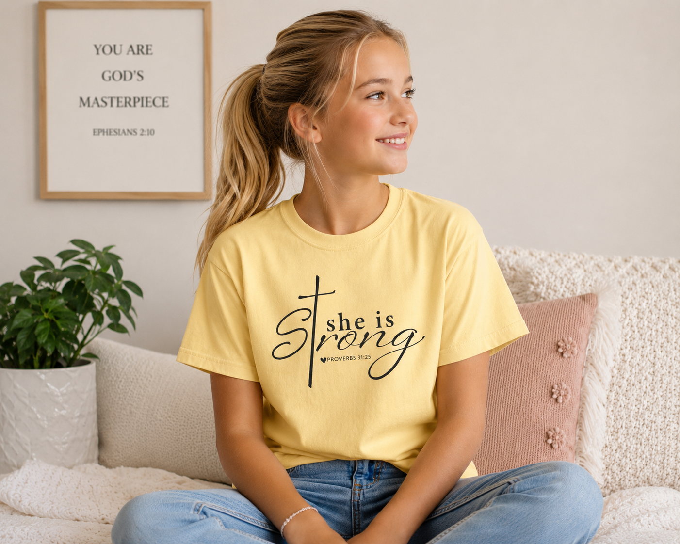 Blonde girl wearing a butter yellow “She is Strong” Christian youth t-shirt in a cozy modern bedroom setting.